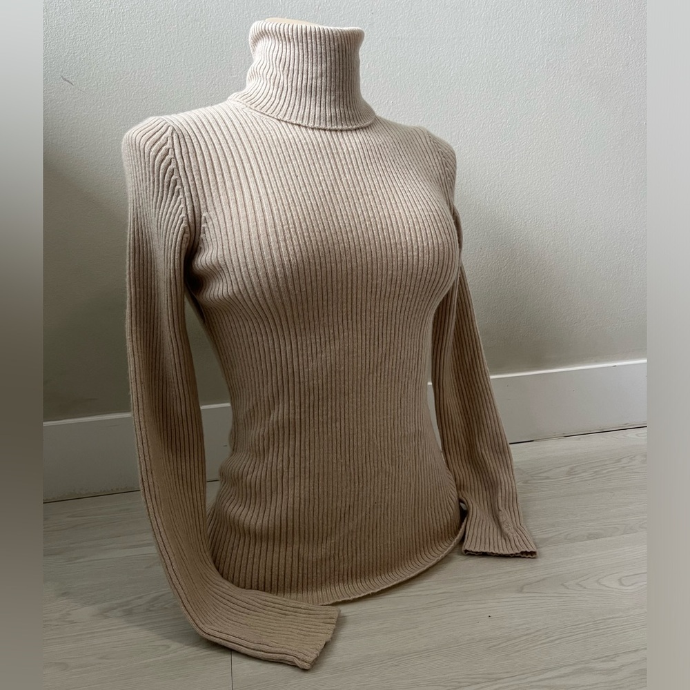 Hugo Boss Wool Beige Turtleneck Sweater with logo embroidered on right cuff